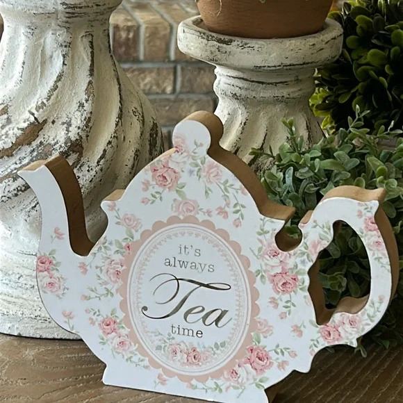 NEW!! Shabby Chic Cottage Farmhouse Teapot Tea Time Floral Pink Roses Wood Sign - Picture 2 of 6